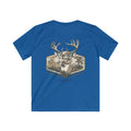 Blue t-shirt with a deer graphic on the back against a white background