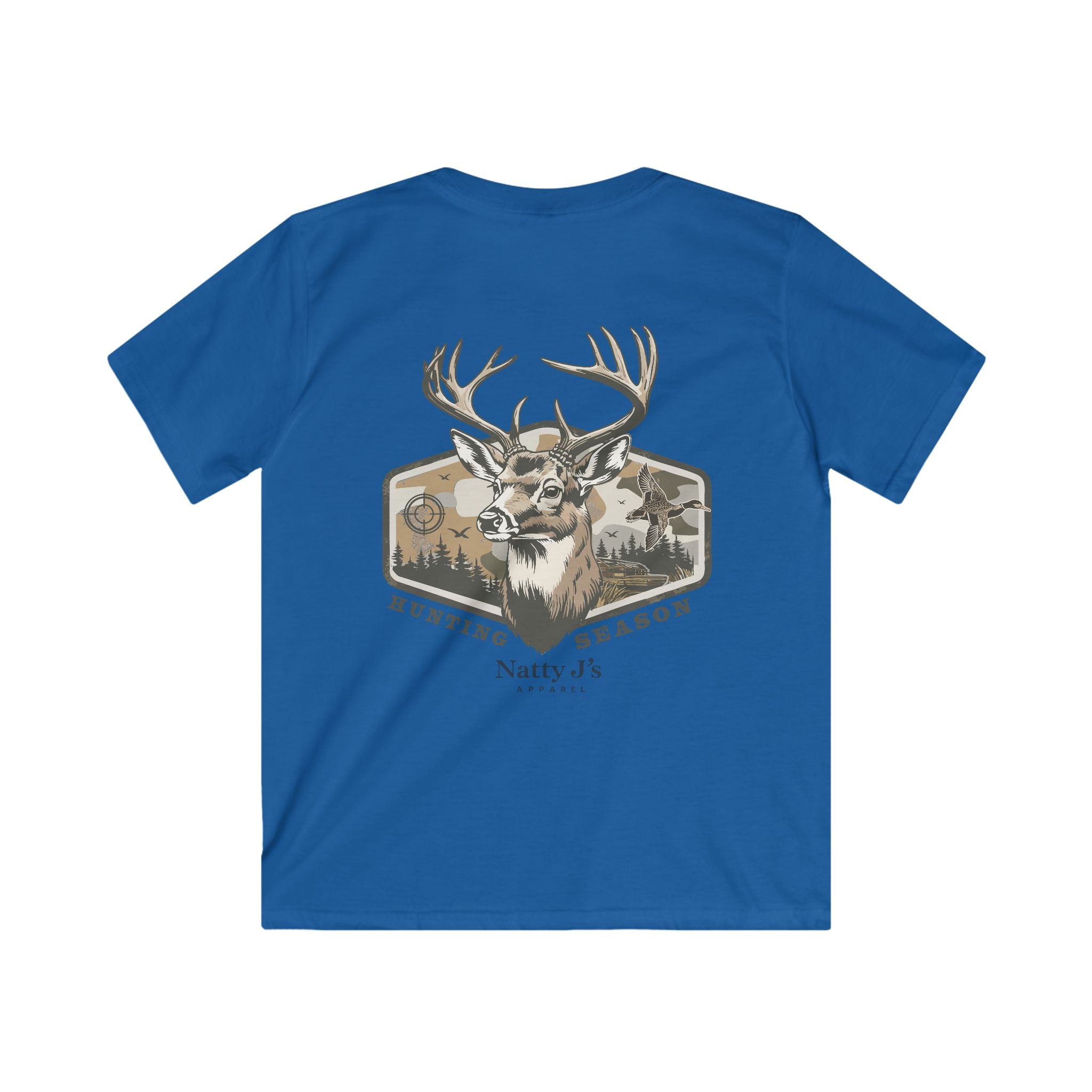 Blue t-shirt with a deer graphic on the back against a white background