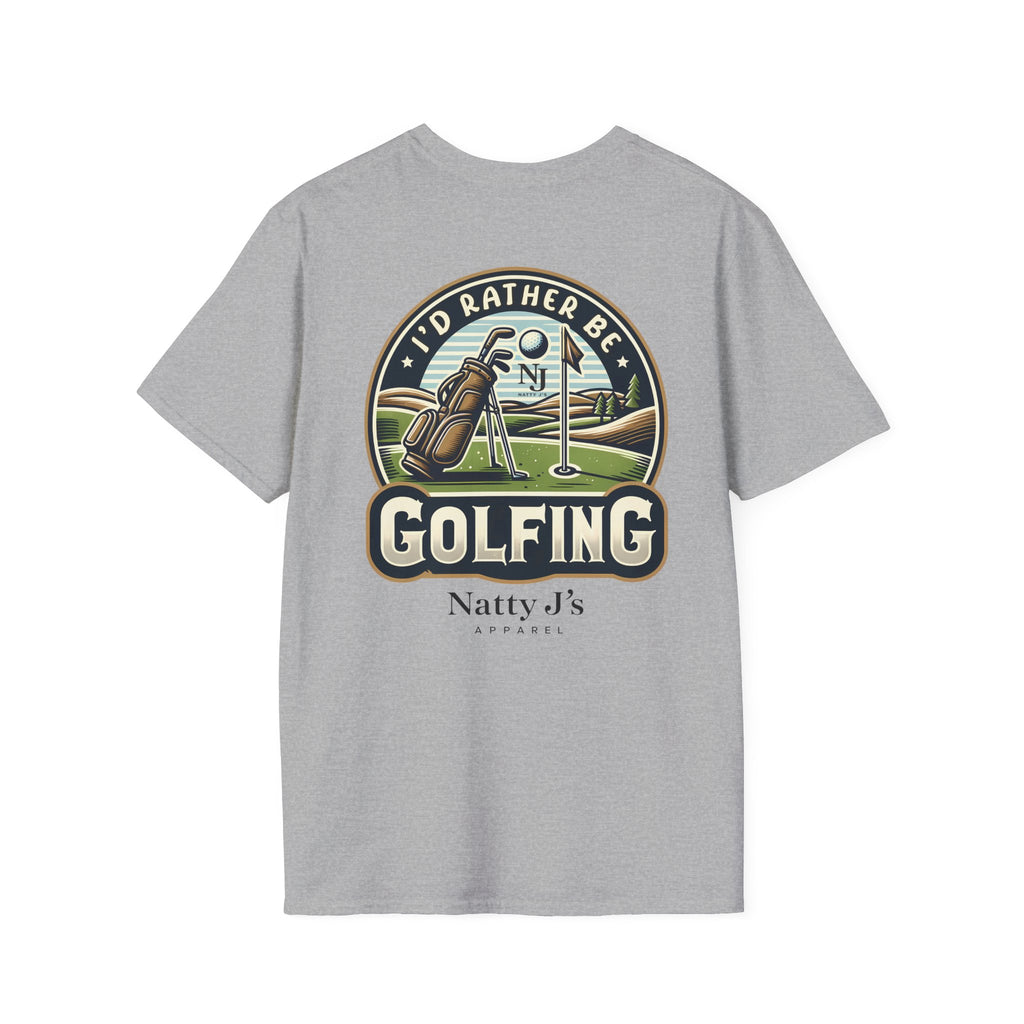 Gray t-shirt with golf-themed graphic and 'Natty J's' branding on a white background