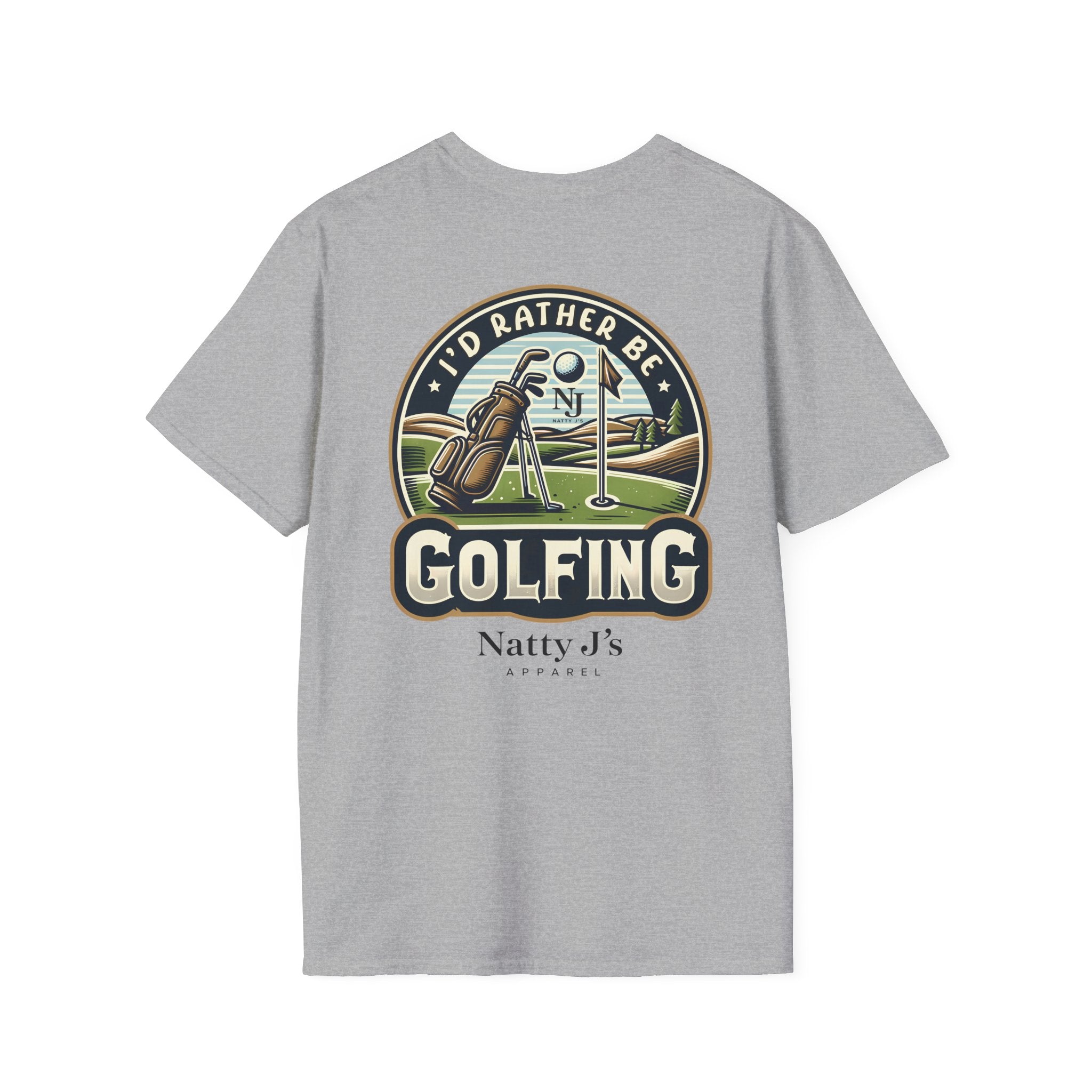 Gray t-shirt with golf-themed graphic and 'Natty J's' branding on a white background