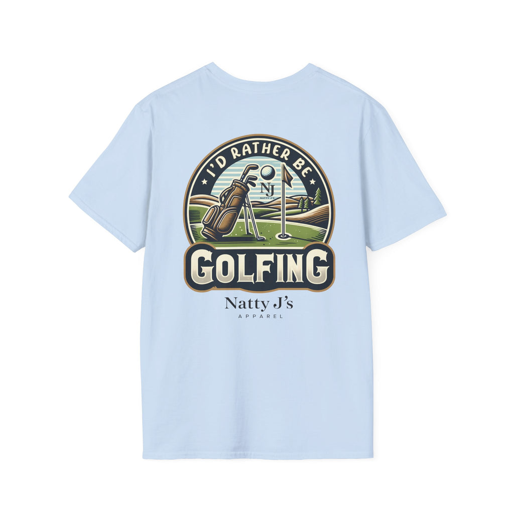 Light blue t-shirt with golf-themed graphic and 'Natty J's' branding on a white background