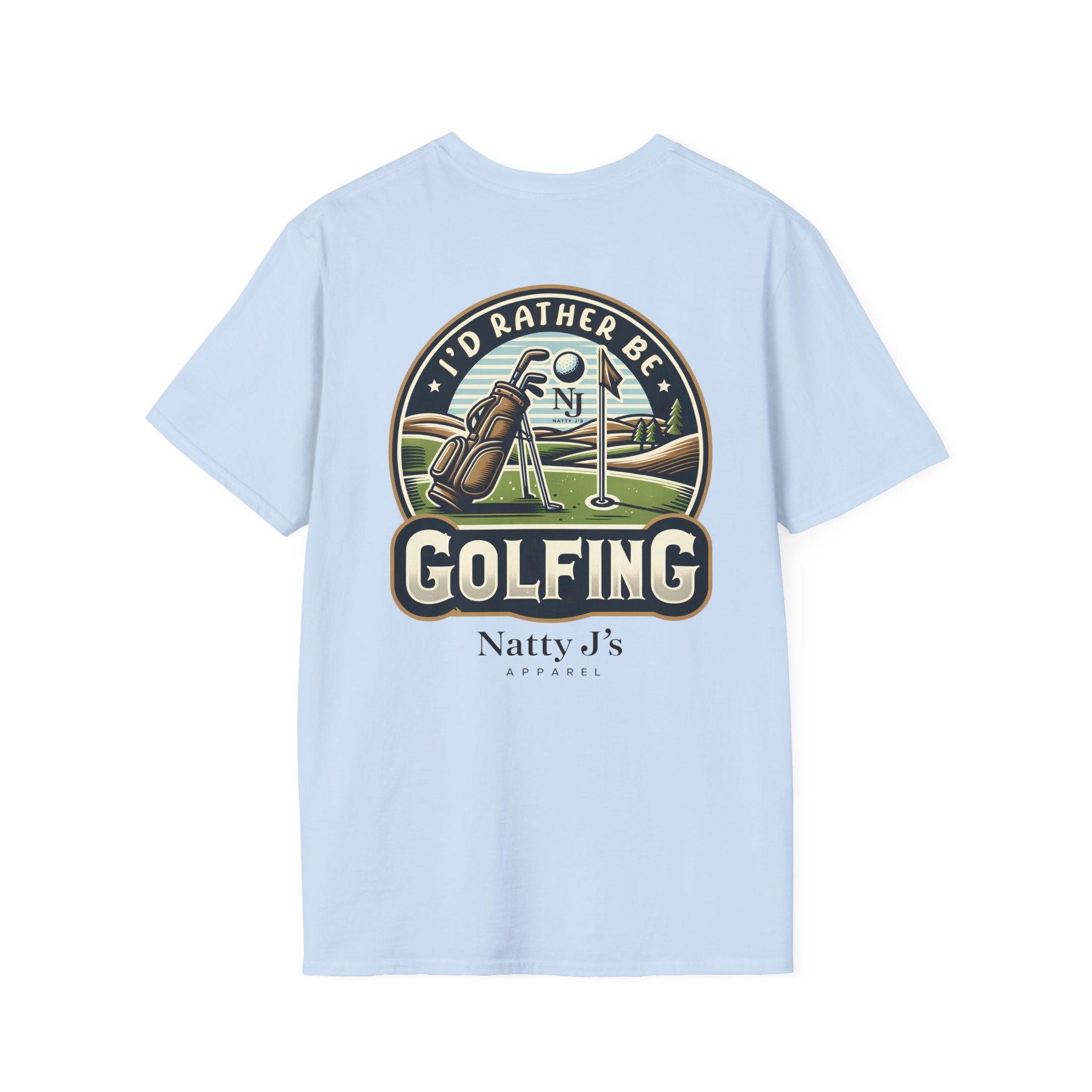 Light blue t-shirt with golf-themed graphic and 'Natty J's' branding on a white background