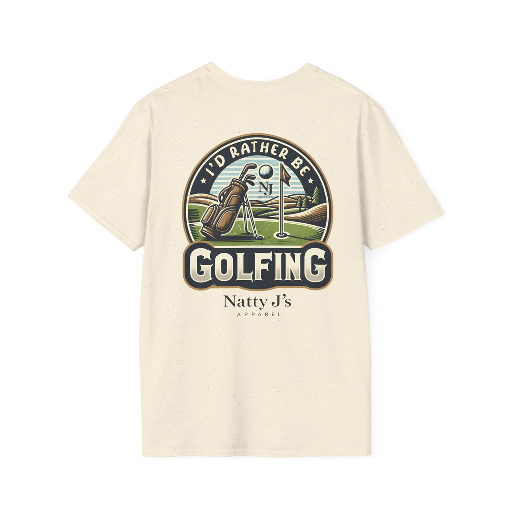 Beige t-shirt with golf-themed graphic and 'Natty J's' branding on a white background