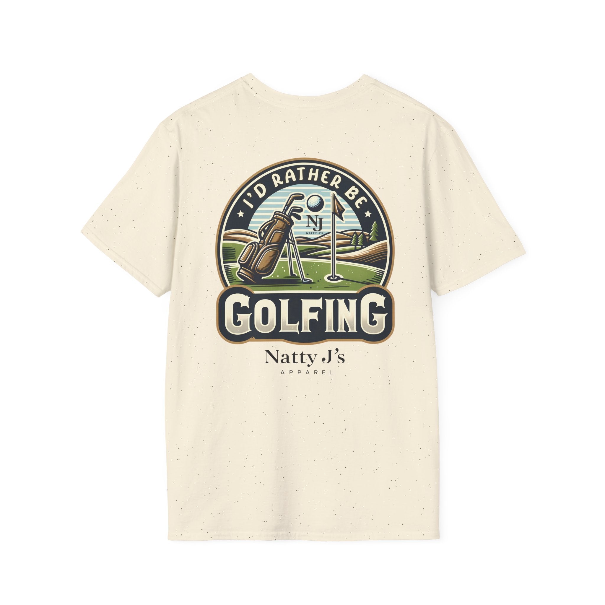 Beige t-shirt with golf-themed graphic and 'Natty J's' branding on a white background