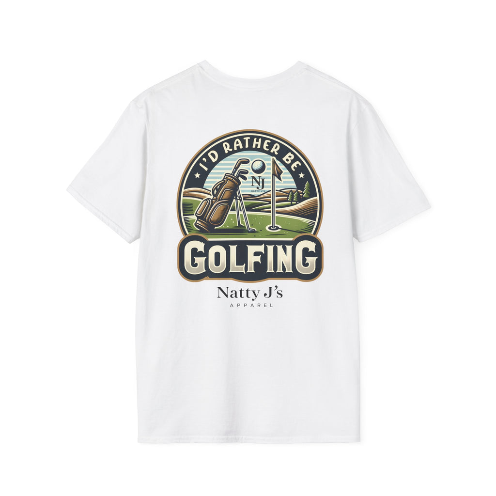 White t-shirt with golf-themed graphic and 'Natty J's' branding on a white background