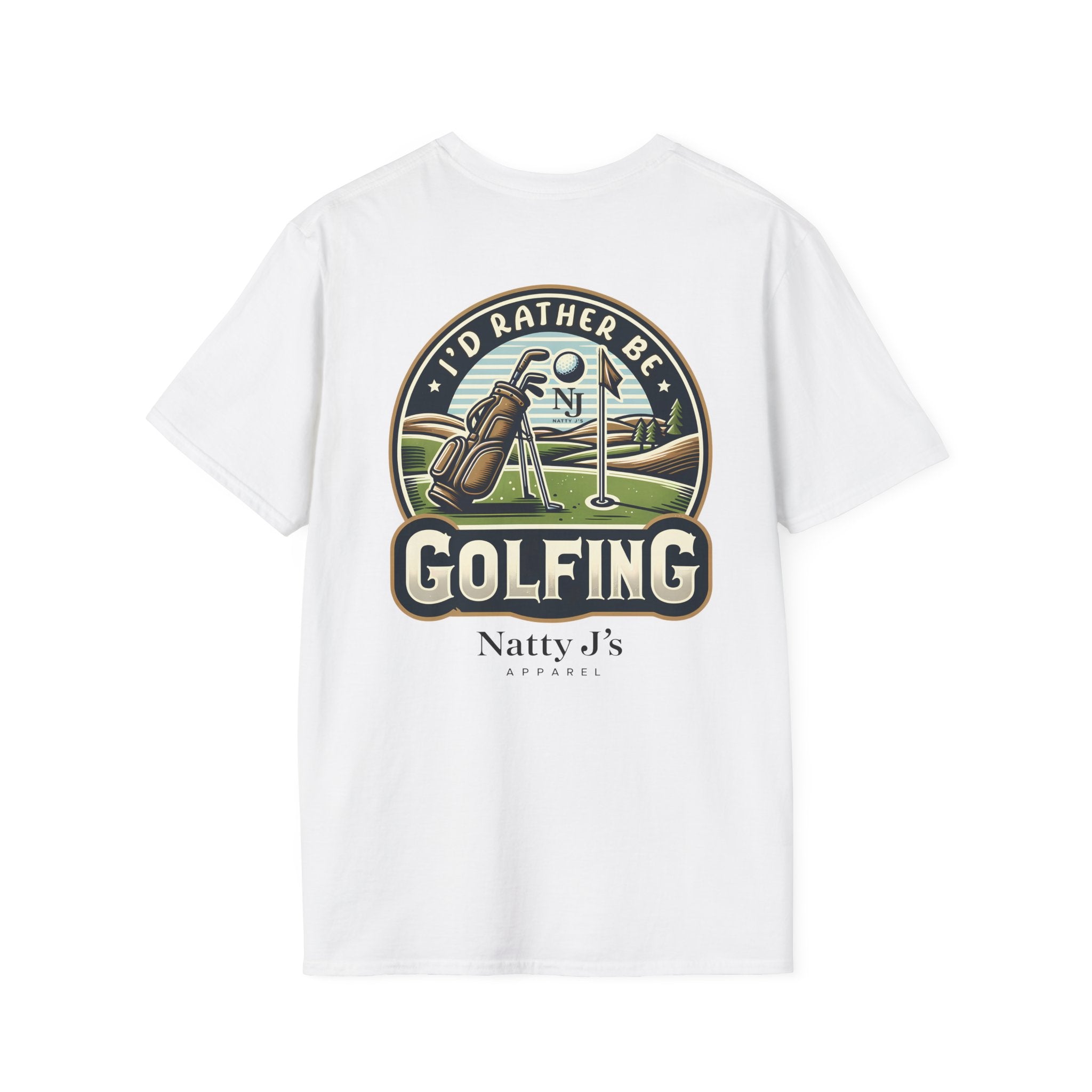 White t-shirt with golf-themed graphic and 'Natty J's' branding on a white background