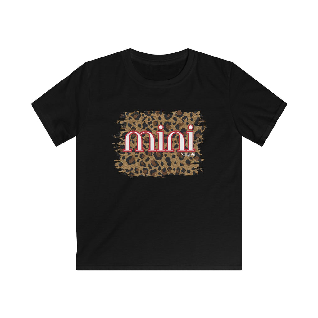 Black t-shirt with leopard print and 'mini' text on a white background