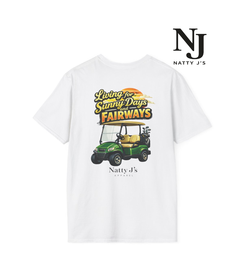White t-shirt with a golf cart graphic and text on a white background, featuring the brand 'Natty JS'.