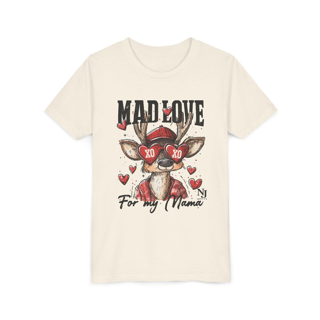 Beige t-shirt with a graphic of a deer wearing sunglasses and text on a white background