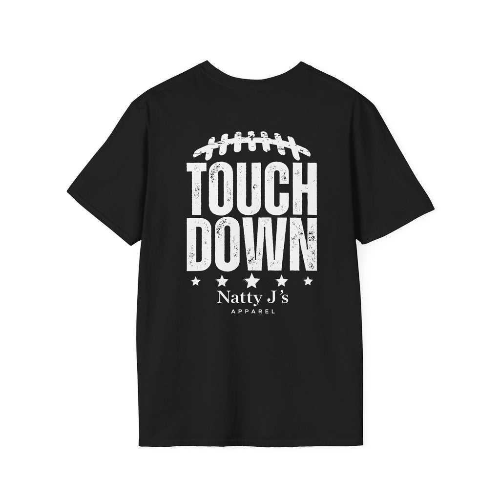 Black blue t-shirt with white text and graphics on a white background