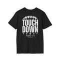 Black blue t-shirt with white text and graphics on a white background