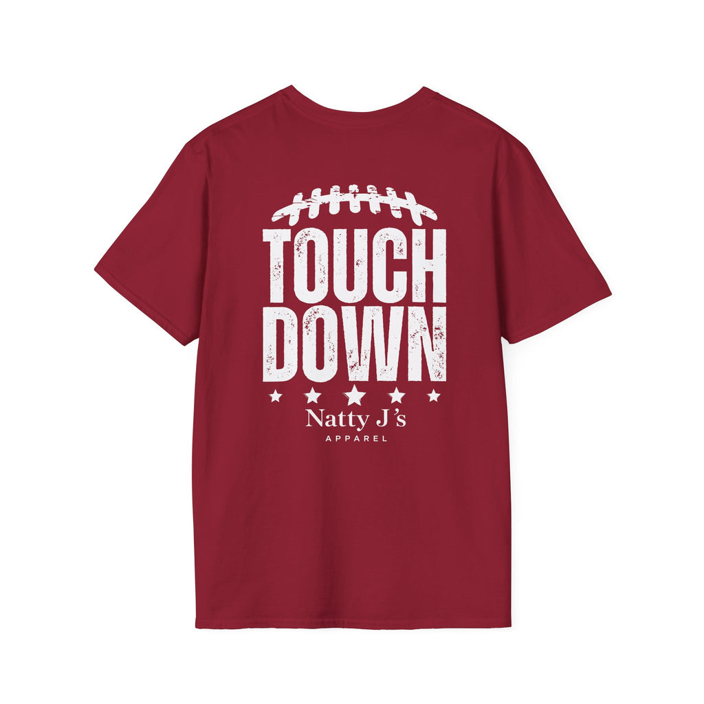 A maroon short-sleeve t-shirt with a distressed white graphic on the front reading 'TOUCH DOWN' under a football graphic, with 'Natty J's APPAREL' printed below.