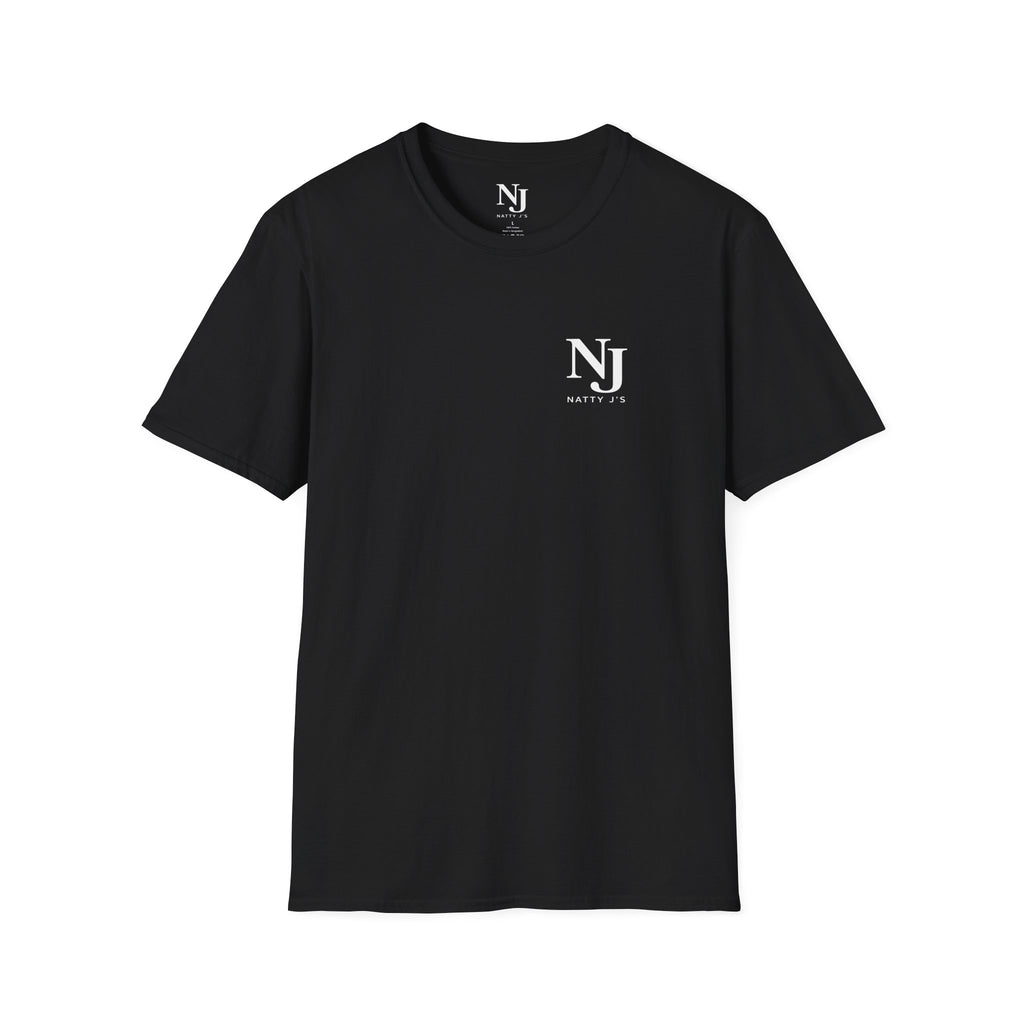 Black t-shirt with a small logo on the chest against a white background
