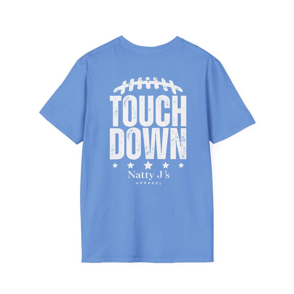 A light blue short-sleeve t-shirt with a distressed white graphic on the back featuring a football design and the text 'TOUCH DOWN' and 'Natty J's APPAREL'.