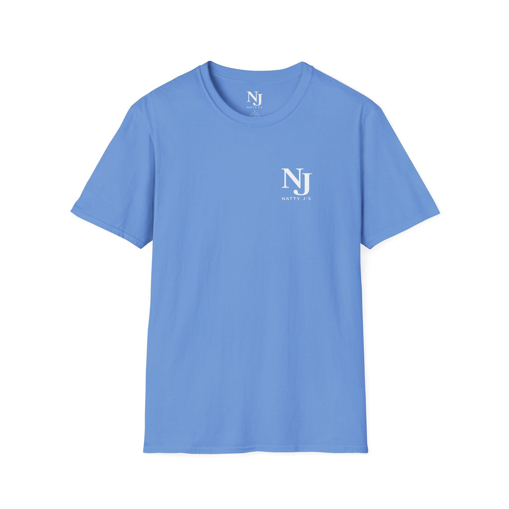 Blue t-shirt with a logo on a white background