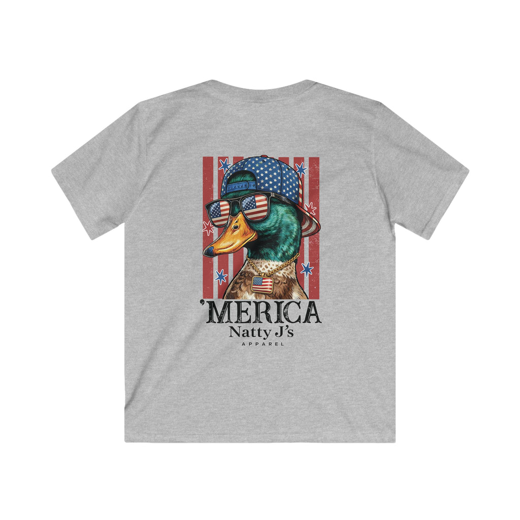 Grey youth patriotic duck shirt with American flag hat and sunglasses on gray t-shirt
funny merica duck kids shirt with red white blue flag background
kids 4th of July shirt with mallard duck patriotic design
youth american flag graphic tee with duck wearing sunglasses
funny patriotic animal shirt for kids summer outfit featuring NattyJ's Apparel