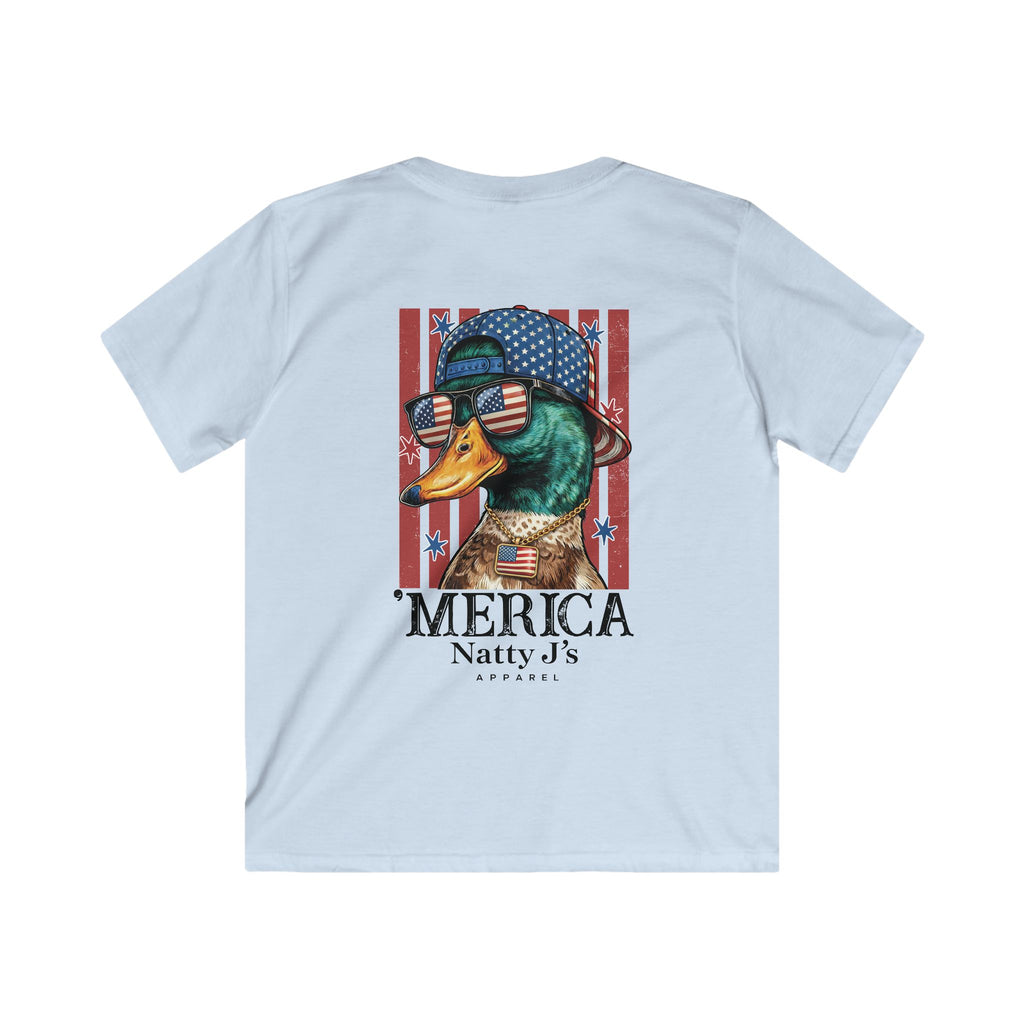 Light Blue youth patriotic duck shirt with American flag hat and sunglasses on gray t-shirt
funny merica duck kids shirt with red white blue flag background
kids 4th of July shirt with mallard duck patriotic design
youth american flag graphic tee with duck wearing sunglasses
funny patriotic animal shirt for kids summer outfit Featuring NattyJ's Apparel