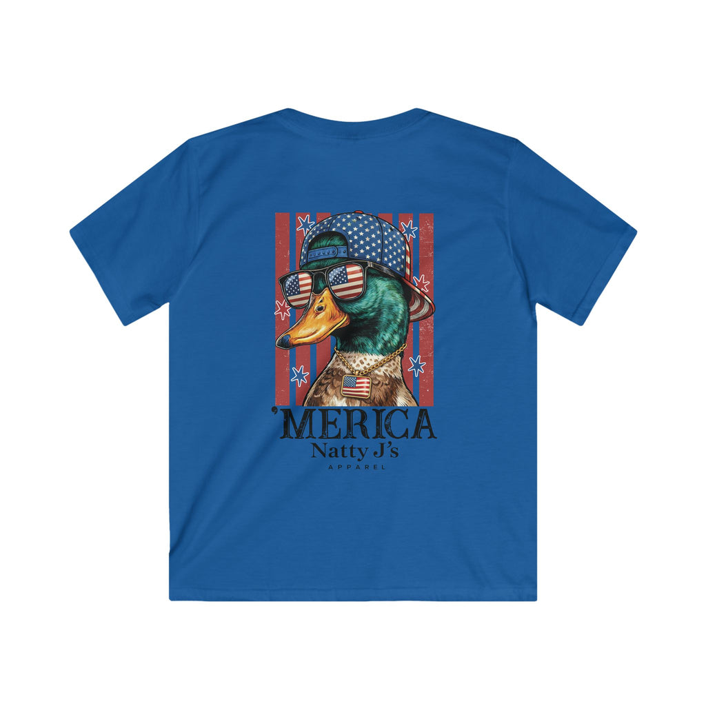 Royal Blue youth patriotic duck shirt with American flag hat and sunglasses on gray t-shirt
funny merica duck kids shirt with red white blue flag background
kids 4th of July shirt with mallard duck patriotic design
youth american flag graphic tee with duck wearing sunglasses
funny patriotic animal shirt for kids summer outfit featuring NattyJ's Apparel