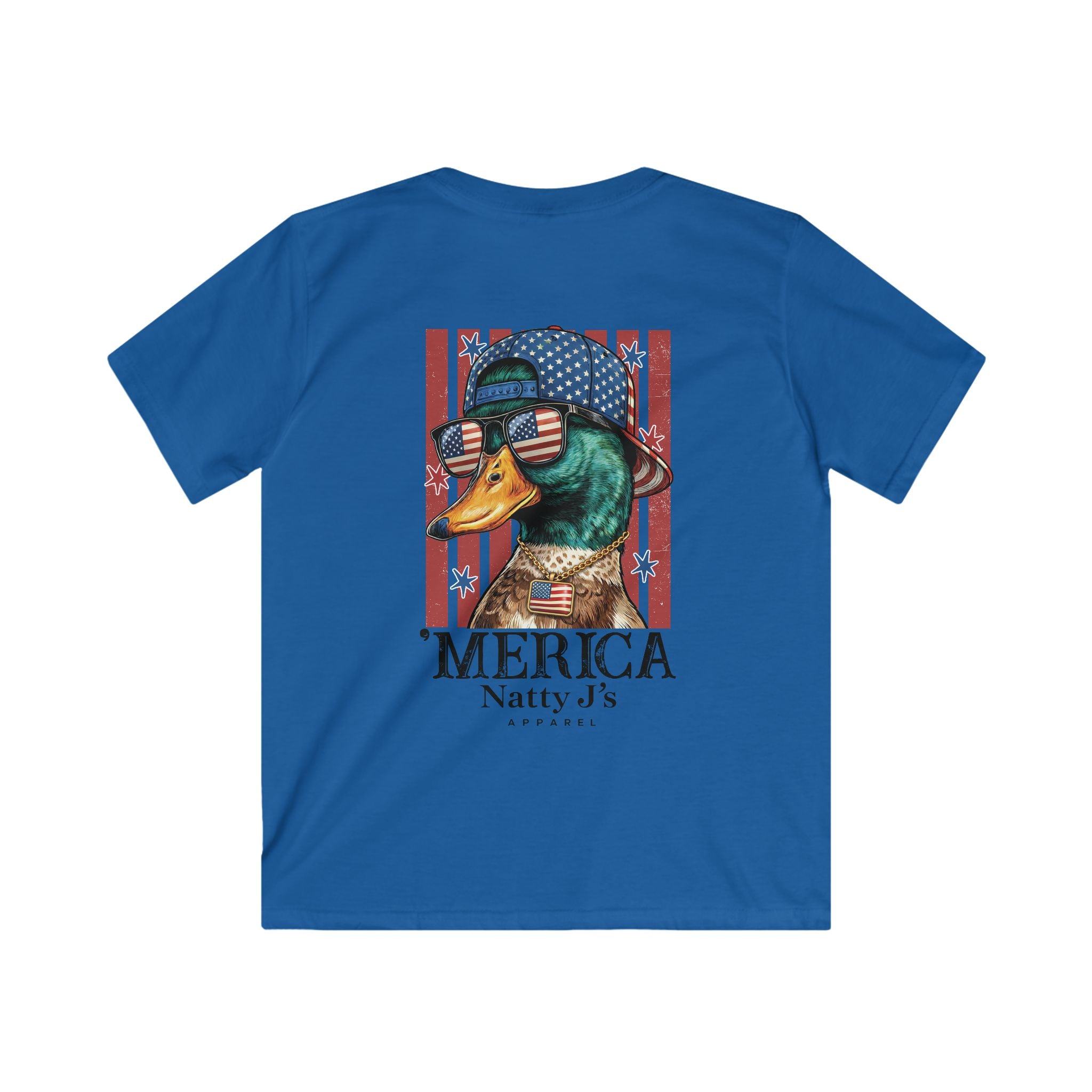 Royal Blue youth patriotic duck shirt with American flag hat and sunglasses on gray t-shirt
funny merica duck kids shirt with red white blue flag background
kids 4th of July shirt with mallard duck patriotic design
youth american flag graphic tee with duck wearing sunglasses
funny patriotic animal shirt for kids summer outfit featuring NattyJ's Apparel