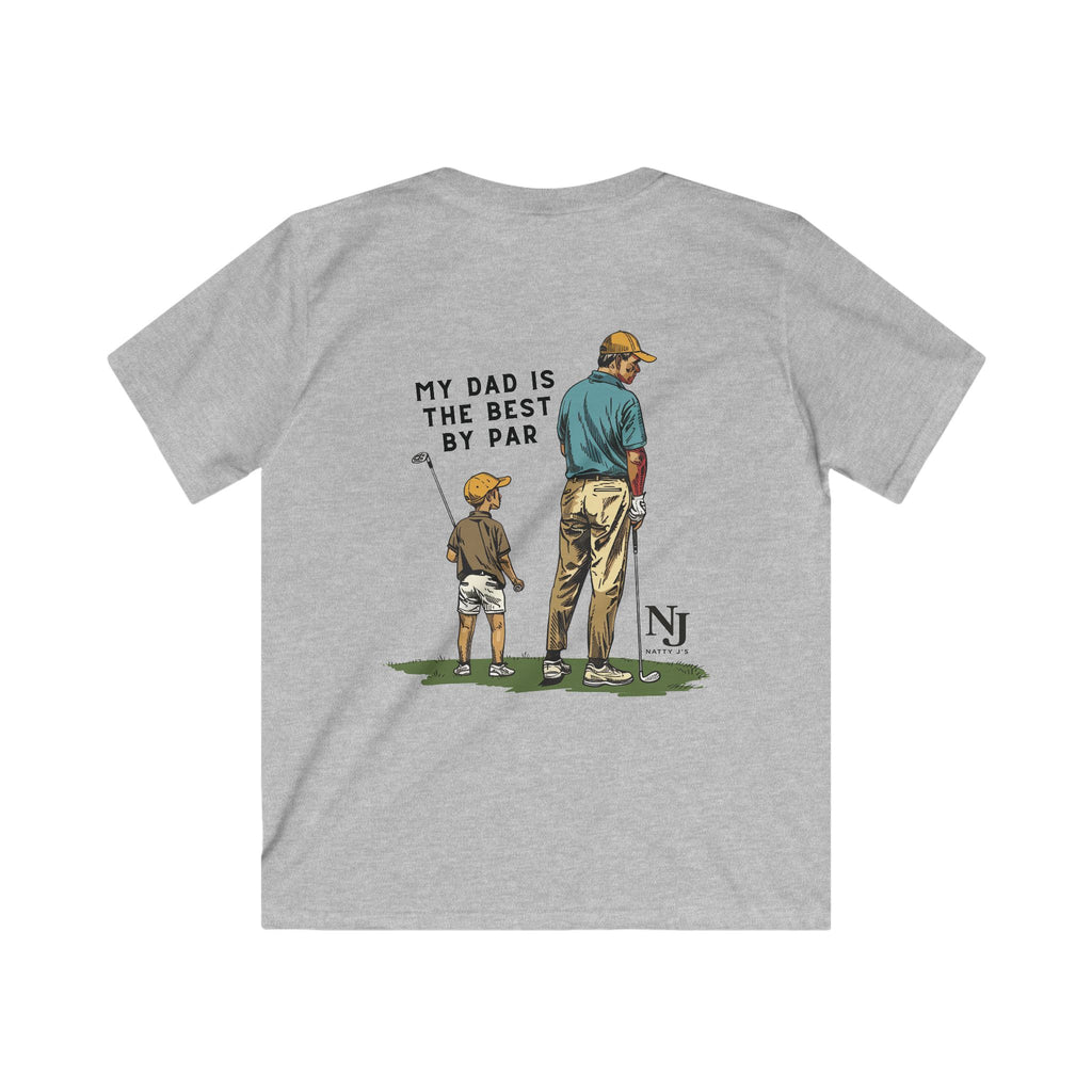 Heather grey youth t-shirt featuring father and son golf scene with text "my dad is the best by par"