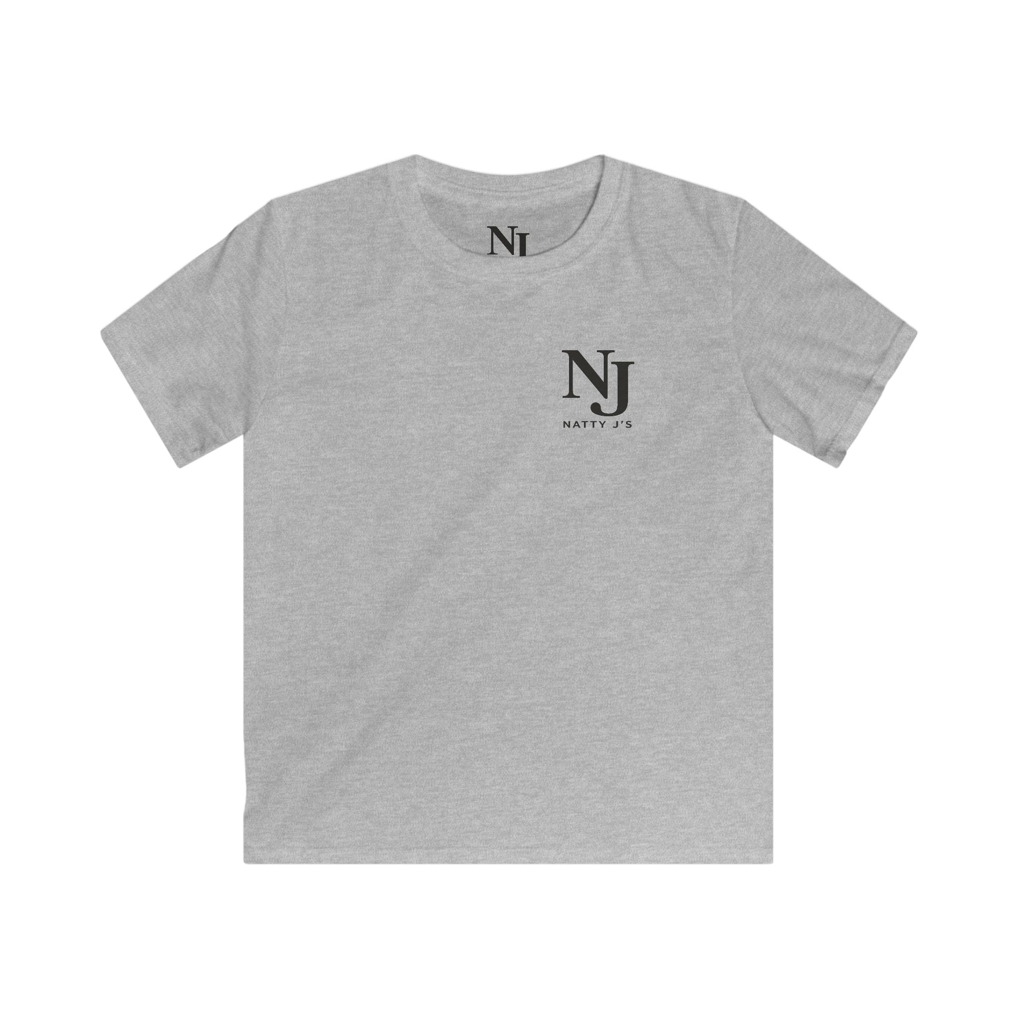 Heather grey youth t-shirt with Natty J's Apparel left chest logo 