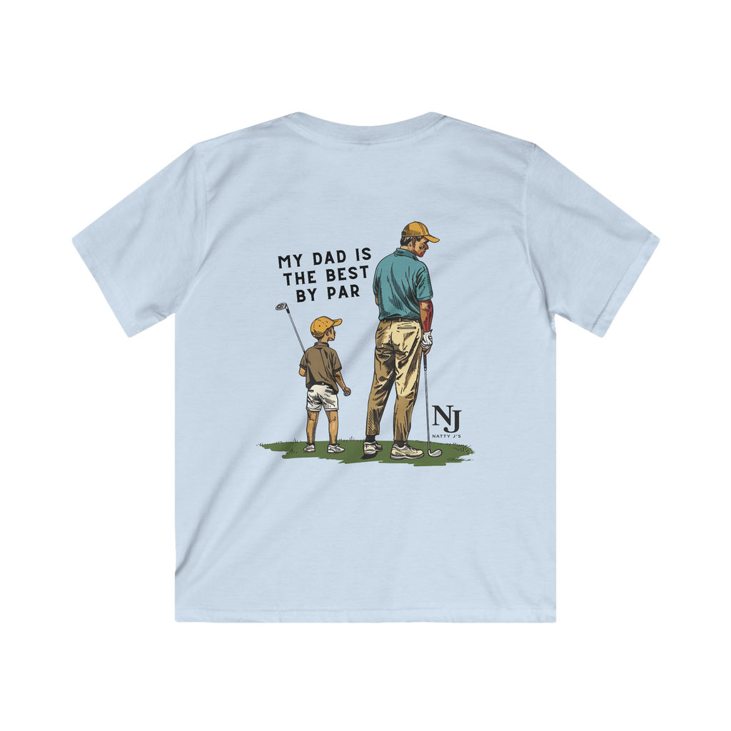 Golf scene with father and son on light blue youth shirt