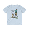 Golf scene with father and son on light blue youth shirt