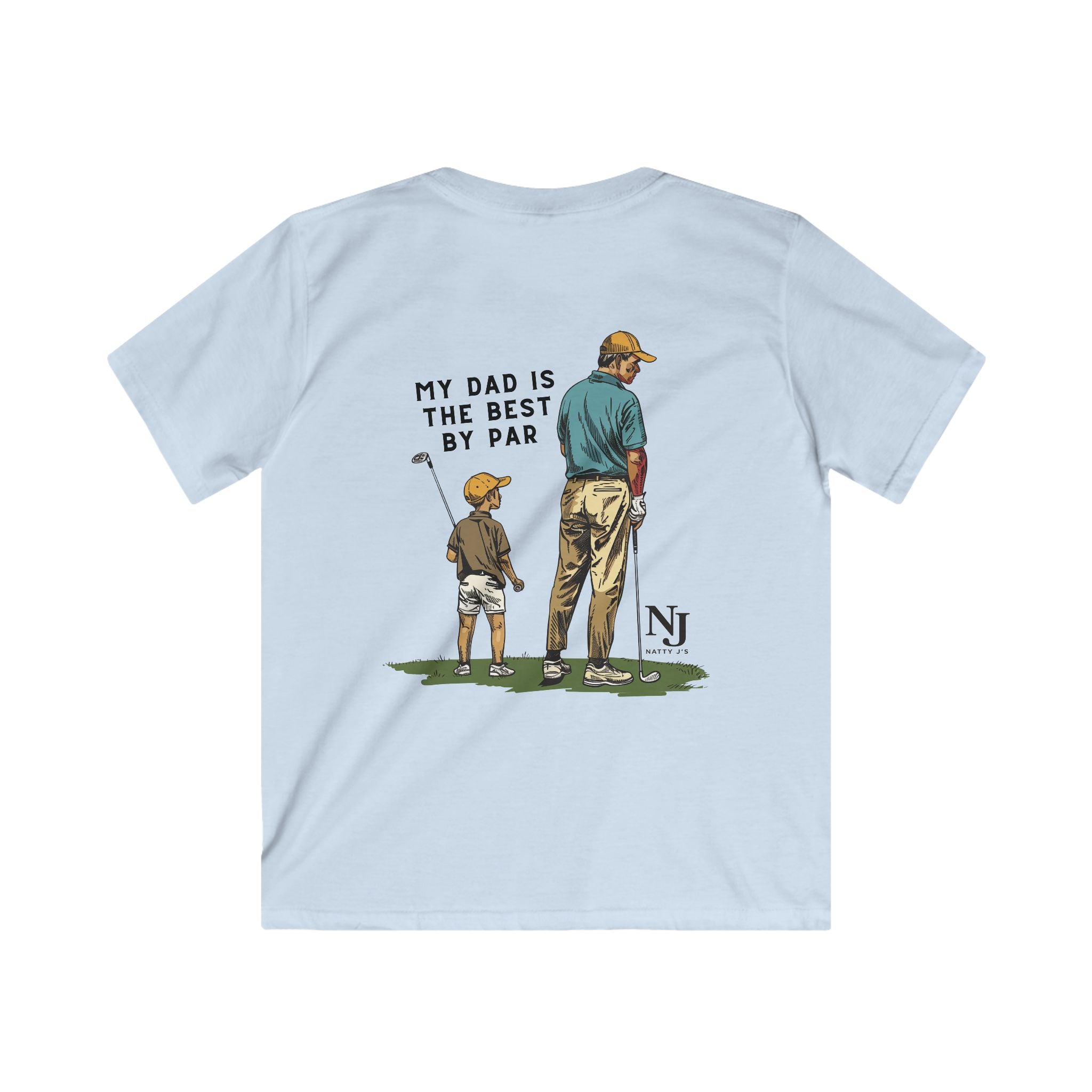 Golf scene with father and son on light blue youth shirt