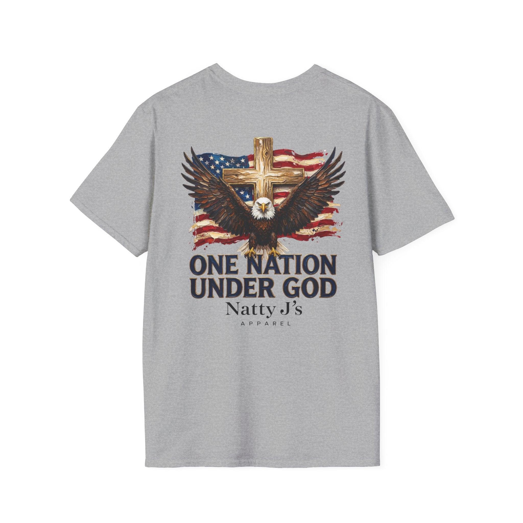 Gray t-shirt with American flag, eagle, and cross design on a white background