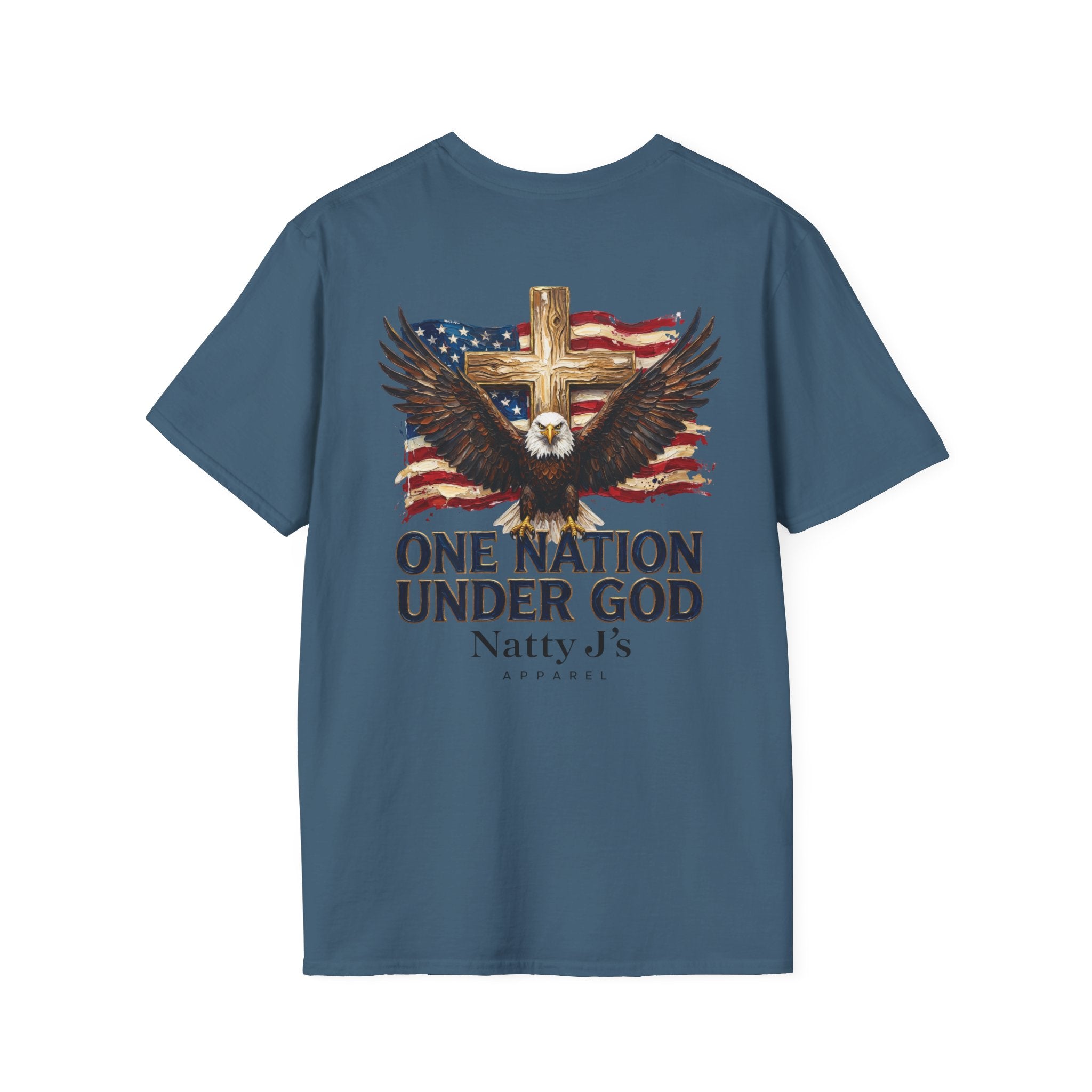 Blue t-shirt with American flag, eagle, and cross design on a white background