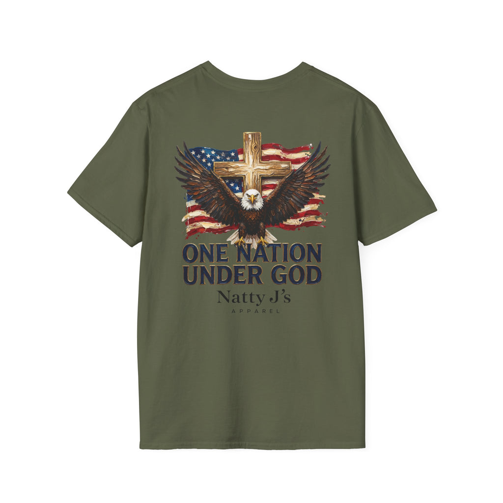 Green t-shirt with American flag, eagle, and cross design on a white background