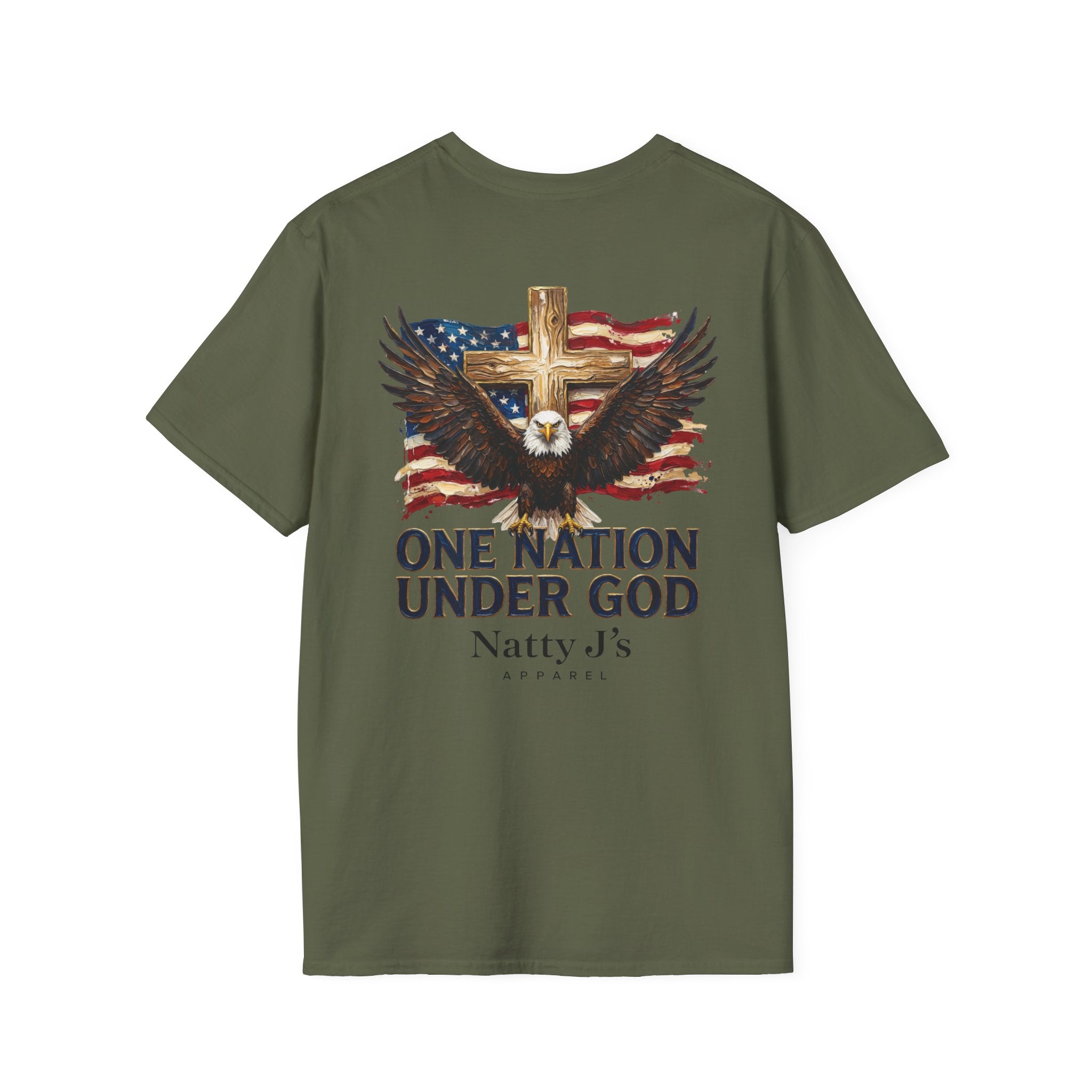 Green t-shirt with American flag, eagle, and cross design on a white background