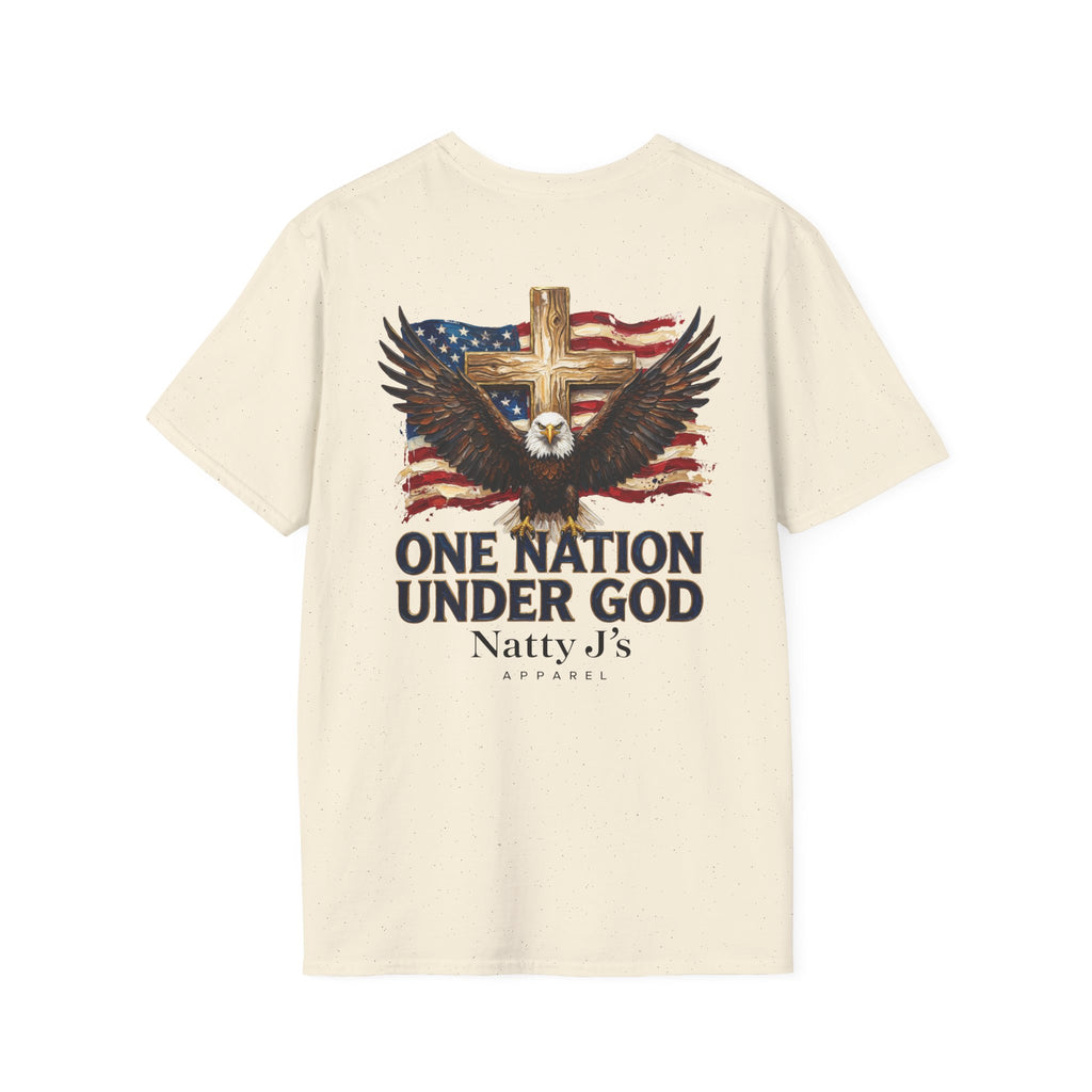 Beige t-shirt with eagle, cross, and American flag design on a white background