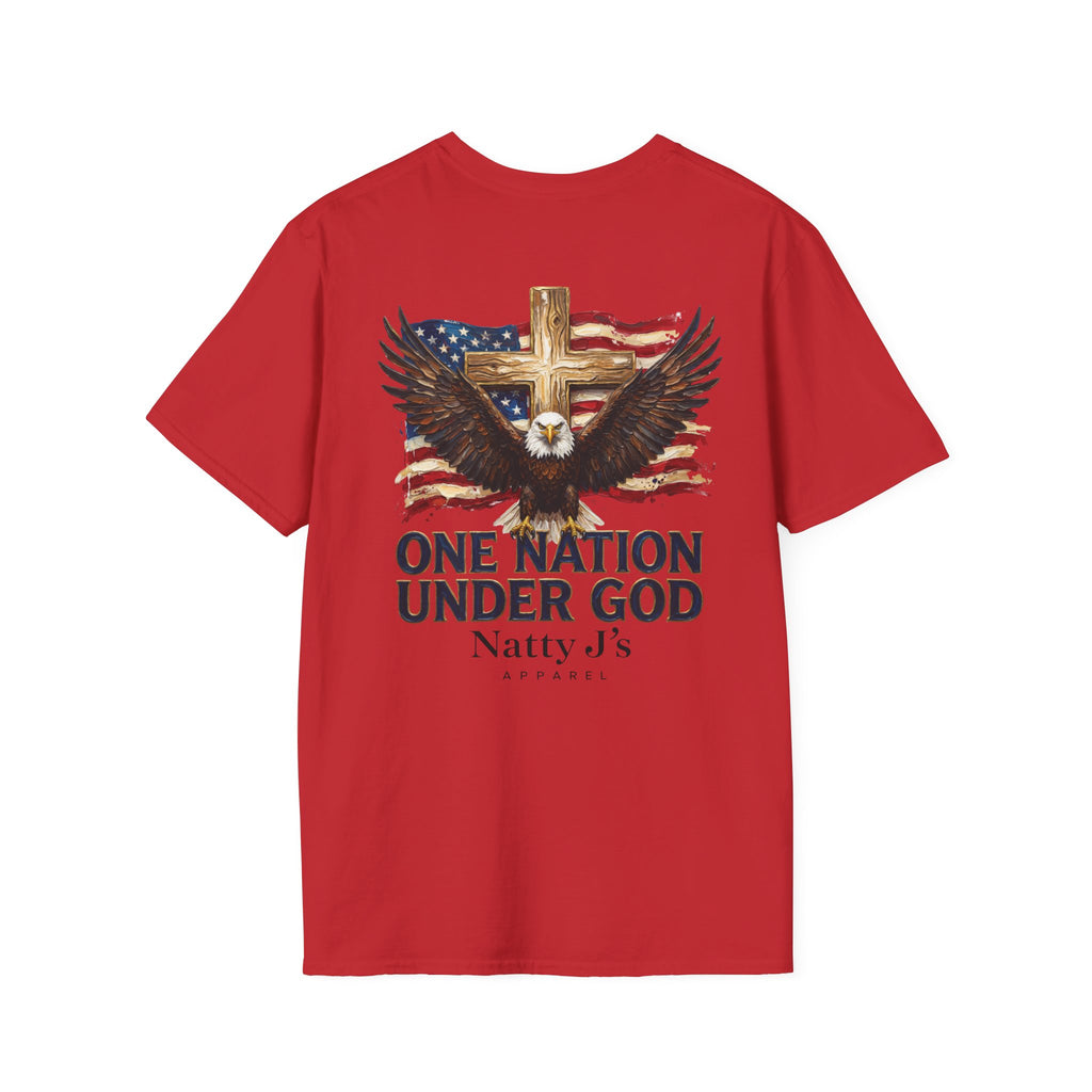 Red t-shirt with eagle, cross, and American flag design on a white background