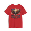 Red t-shirt with eagle, cross, and American flag design on a white background