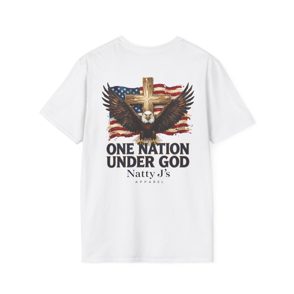White t-shirt with eagle, cross, and American flag graphic on a white background