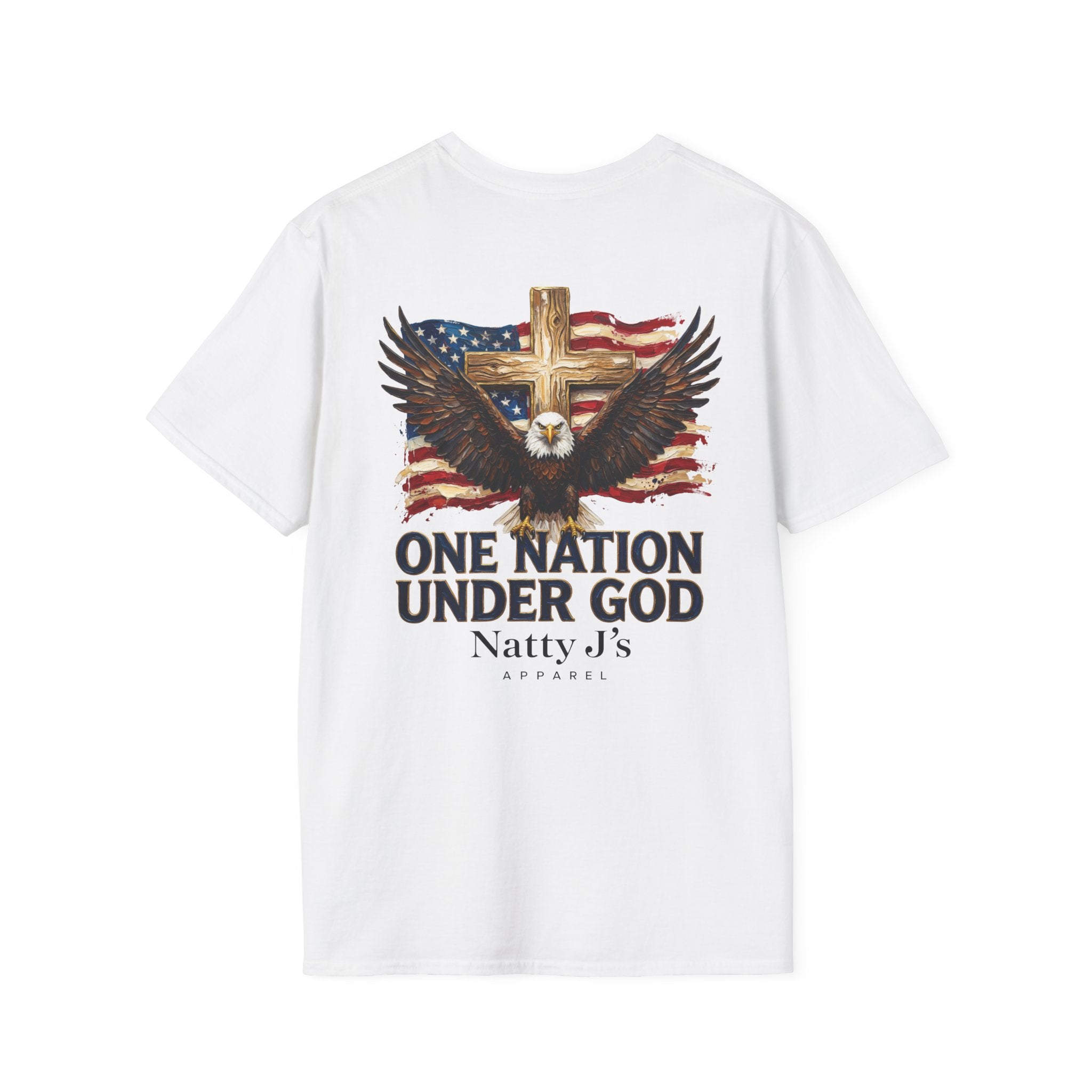 White t-shirt with eagle, cross, and American flag graphic on a white background