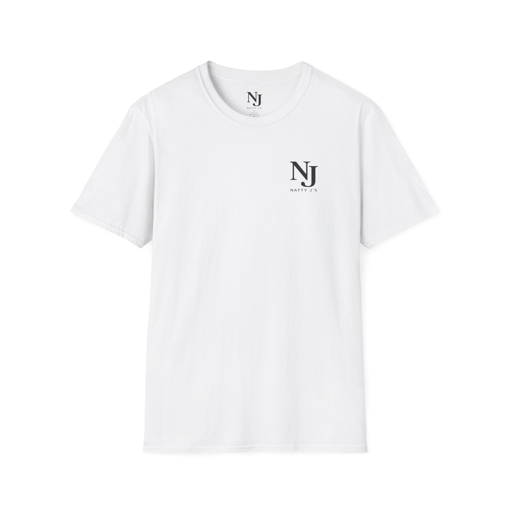 White t-shirt with a logo on a white background