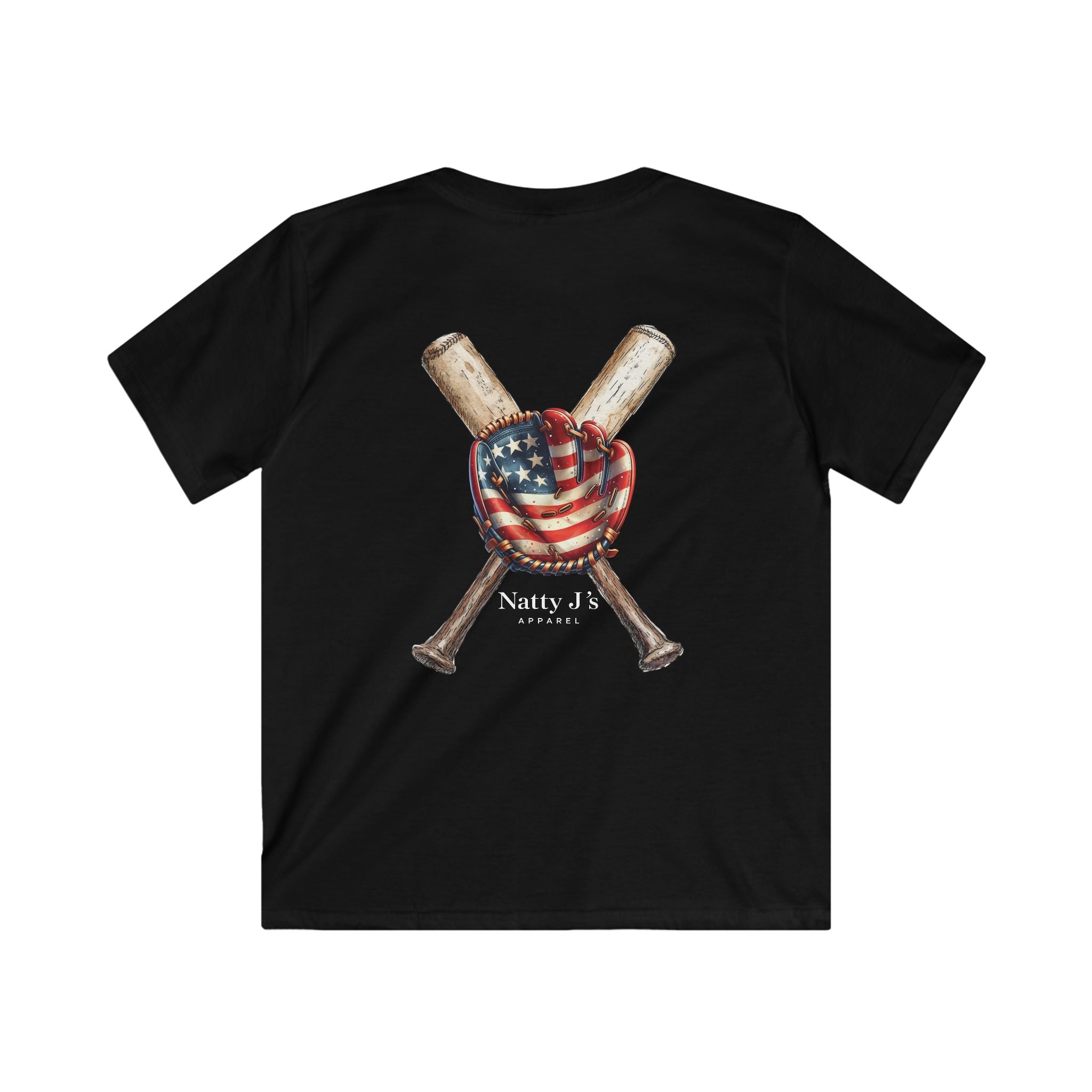 Black t-shirt with crossed baseball bats and American flag graphic on a white background
