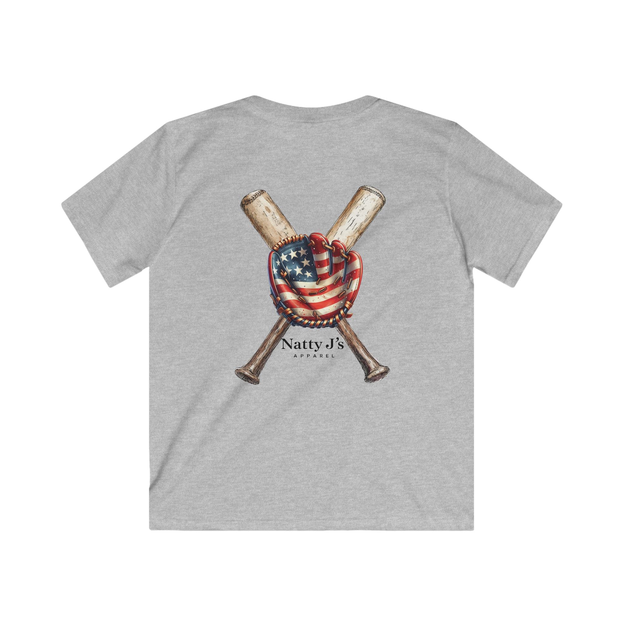 Gray t-shirt with crossed baseball bats and an American flag graphic on a white background