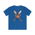Blue t-shirt with crossed baseball bats and an American flag design on a white background