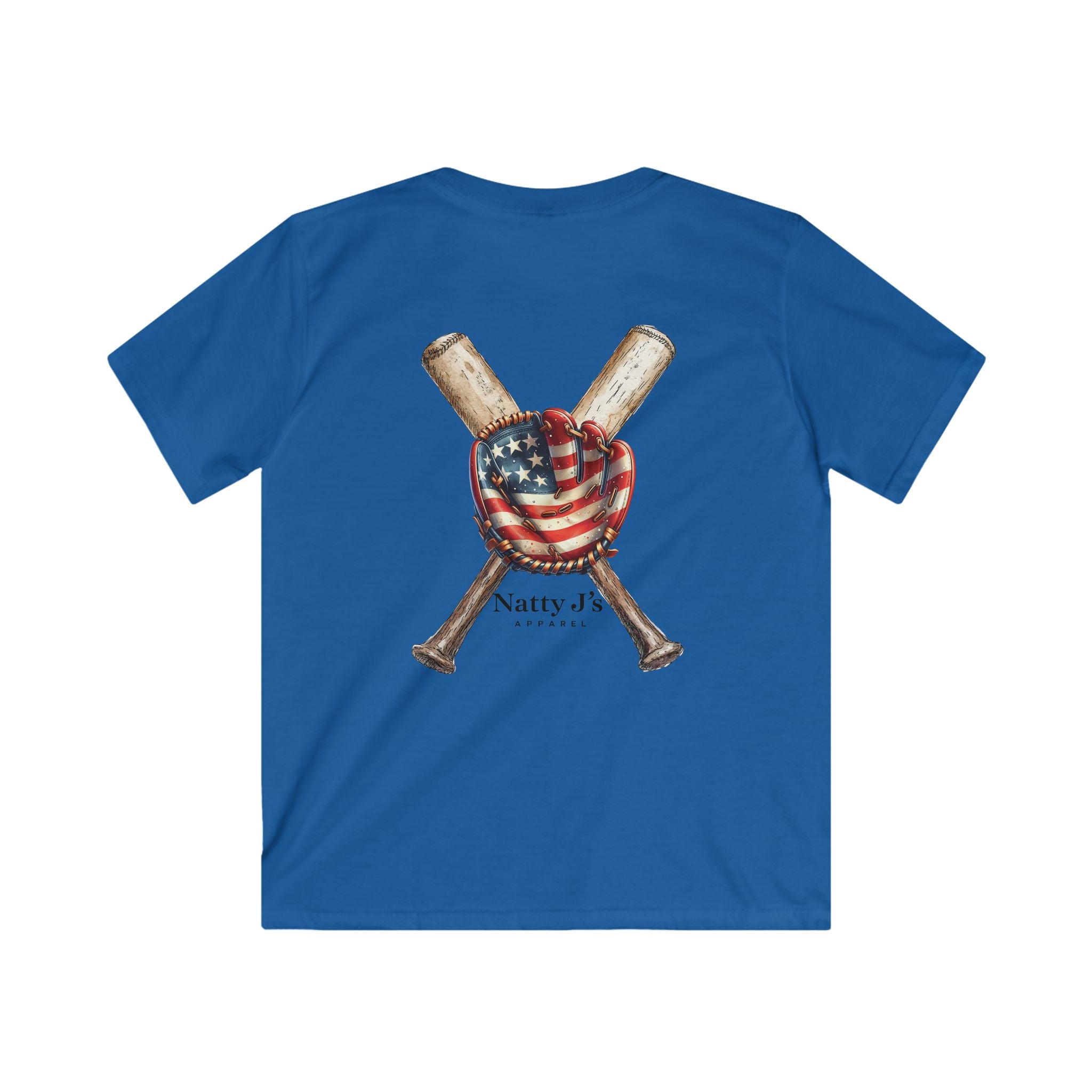 Blue t-shirt with crossed baseball bats and an American flag design on a white background