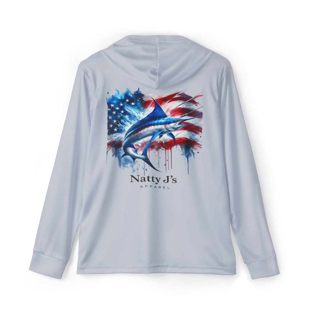 Light blue long-sleeve shirt with a marlin graphic and American flag design on the back, branded 'Natty J's Apparel'.