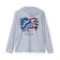 Light blue long-sleeve shirt with a marlin graphic and American flag design on the back, branded 'Natty J's Apparel'.