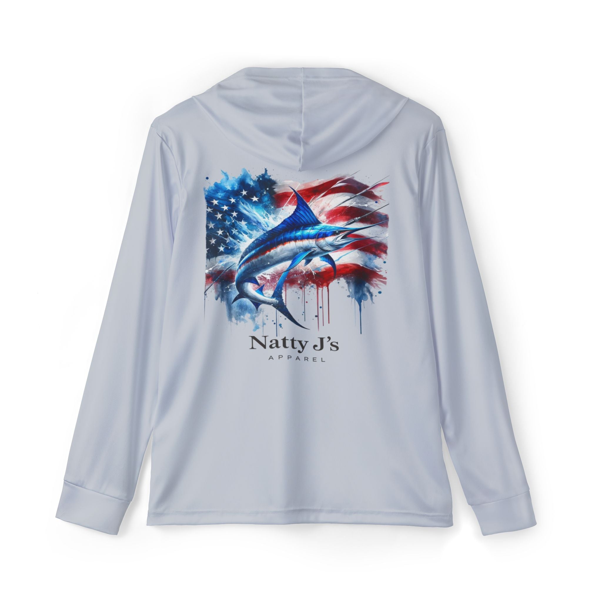 Light blue long-sleeve shirt with a marlin graphic and American flag design on the back, branded 'Natty J's Apparel'.