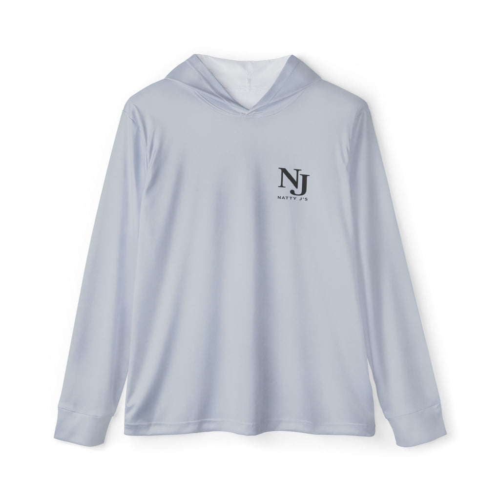 Light blue hoodie with a logo on a white background