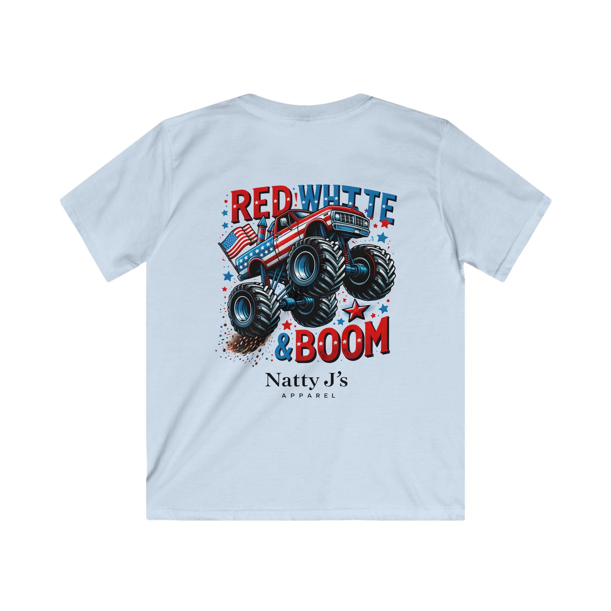  Light Blue youth red white and boom monster truck shirt with american flag design on light blue t-shirt
kids patriotic monster truck graphic tee for 4th of july
youth american flag truck shirt with bold red white blue design
kids summer shirt with monster truck and patriotic theme
independence day youth t-shirt with truck graphic featuring NattyJ's Apparel