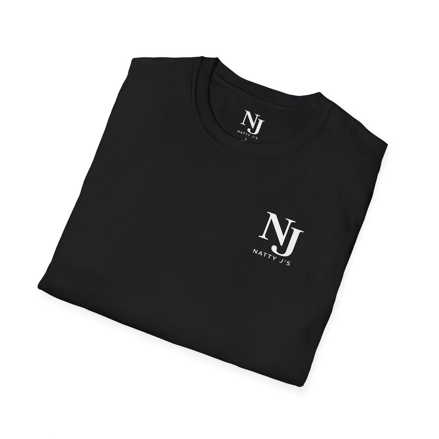 Folded black t-shirt with a white logo on a white background