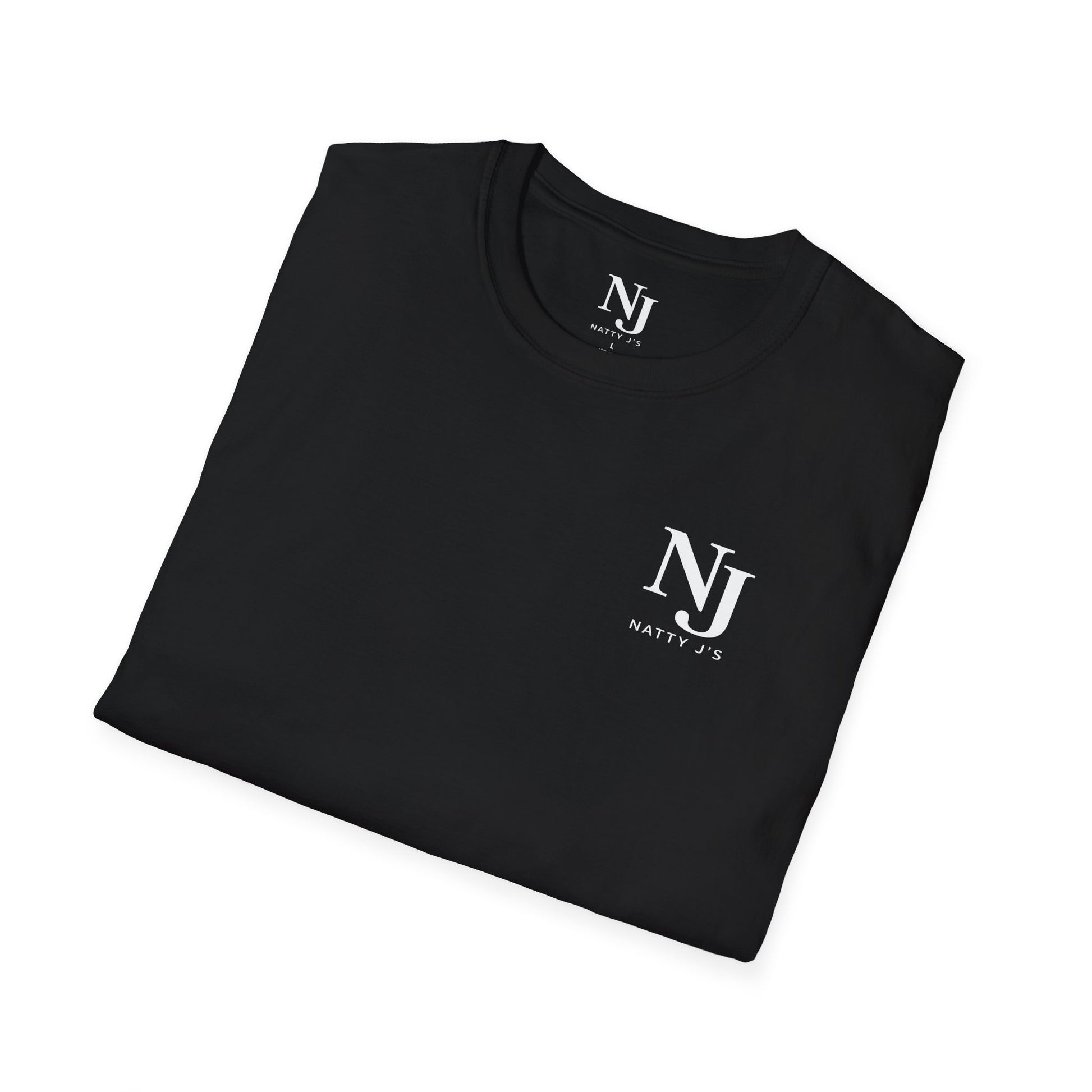 Folded black t-shirt with a white logo on a white background
