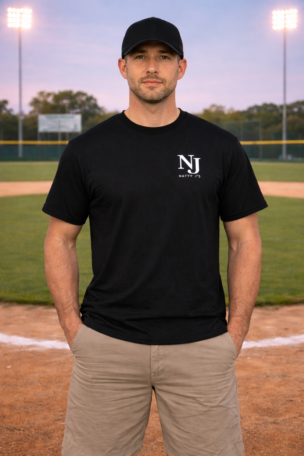 Man wearing a black t-shirt with 'NJ' Natty J's logo on a baseball field